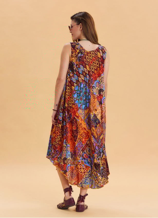 Boat Neck Loose Cut Orange Casual Dress 4665